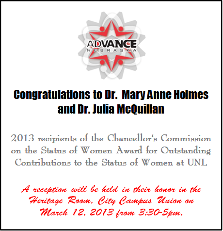 Dr. Mary Anne Holmes and Dr. Julia McQuillan 2013 recepients of the Chancellor's Commission on the Status of Women Award 